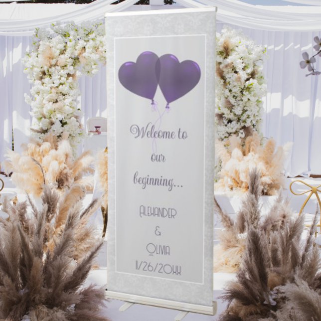 Purple Hearts Balloons Wedding Retractable Banner (Purple Heart Balloons Wedding Welcome Banner)