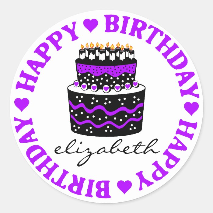 Purple Hearts Birthday Cake Round Stickers