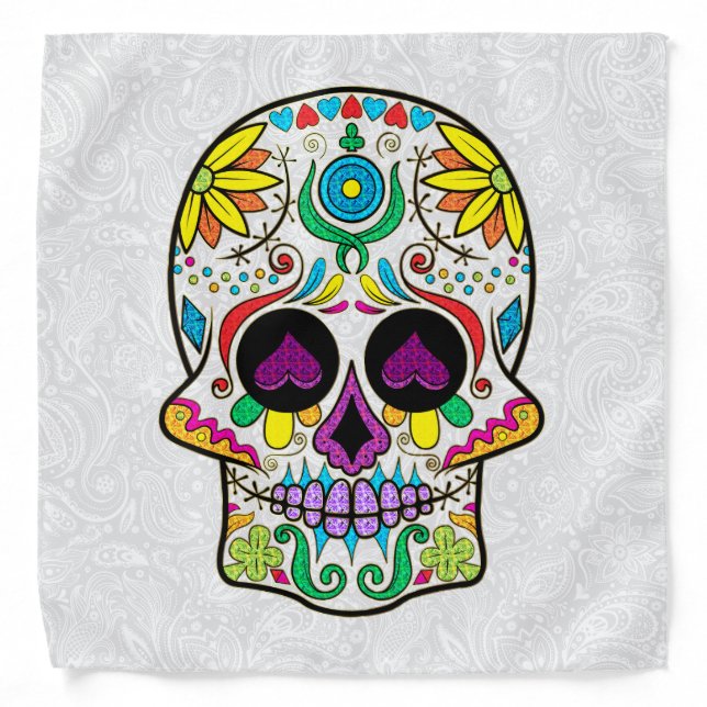 Purple Hearts Colorful Retro Floral Sugar Skull Bandana (Front)