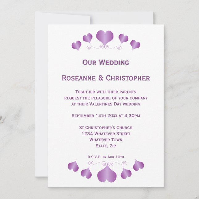 Purple Hearts Design Wedding Invitation (Front)