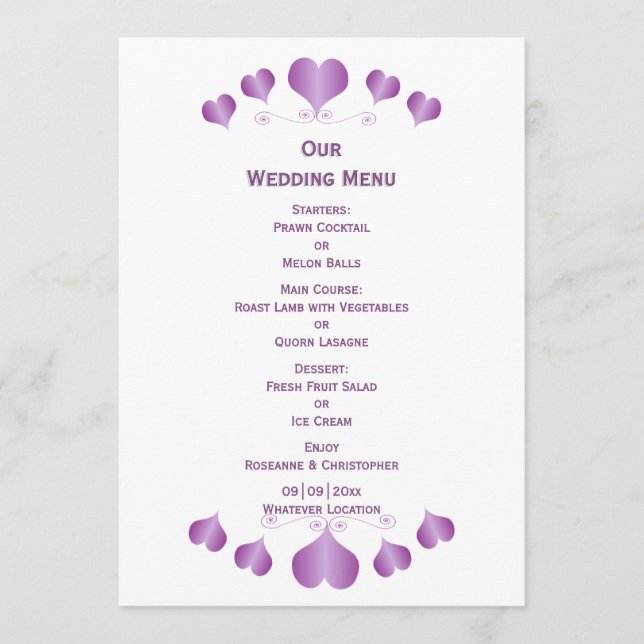 Purple Hearts Design Wedding Menu (Front)