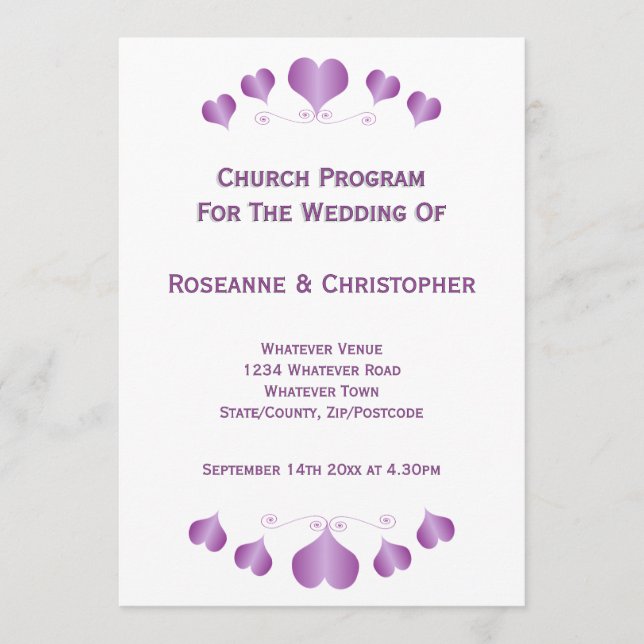 Purple Hearts Design Wedding Program (Front)