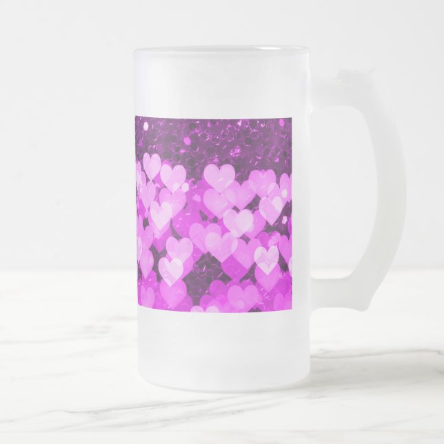 Purple Hearts Faux Glitter Frosted Glass Beer Mug (Right)