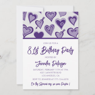 Purple Hearts Girly 81st birthday Invitation