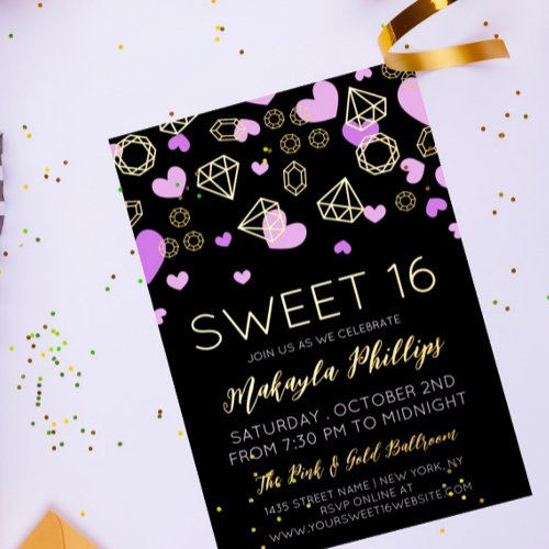 Purple Hearts  Golden Gems Sweet 16 Foil Invitation