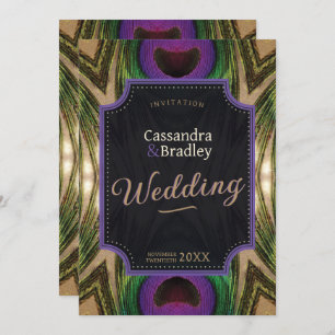 Purple Hearts Peacock Feathers Green Gold Glow Invitation