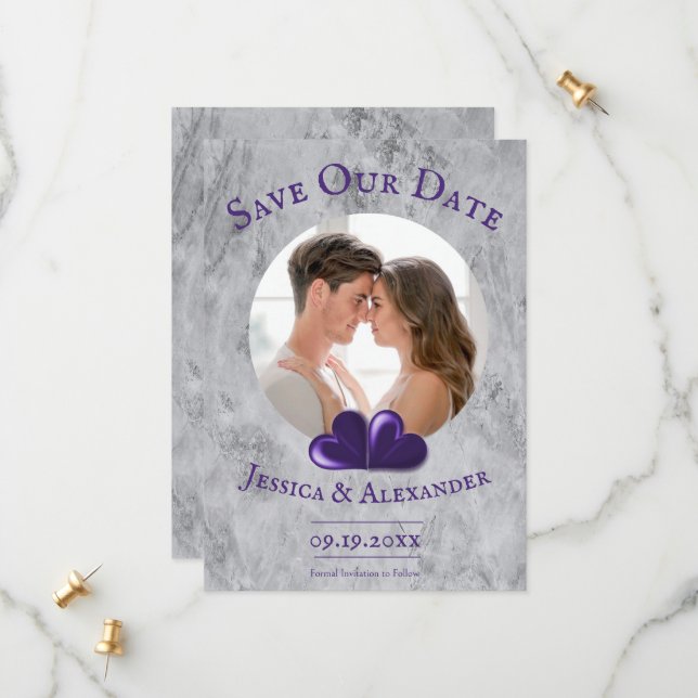 Purple Hearts Photo Save The Date (Front/Back In Situ)