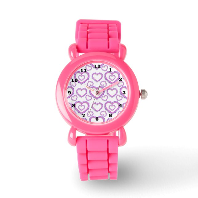 Purple Hearts Pink Glitter Watch (Front)