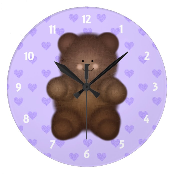 Purple Hearts Teddy Bear Wall Clock On Blue