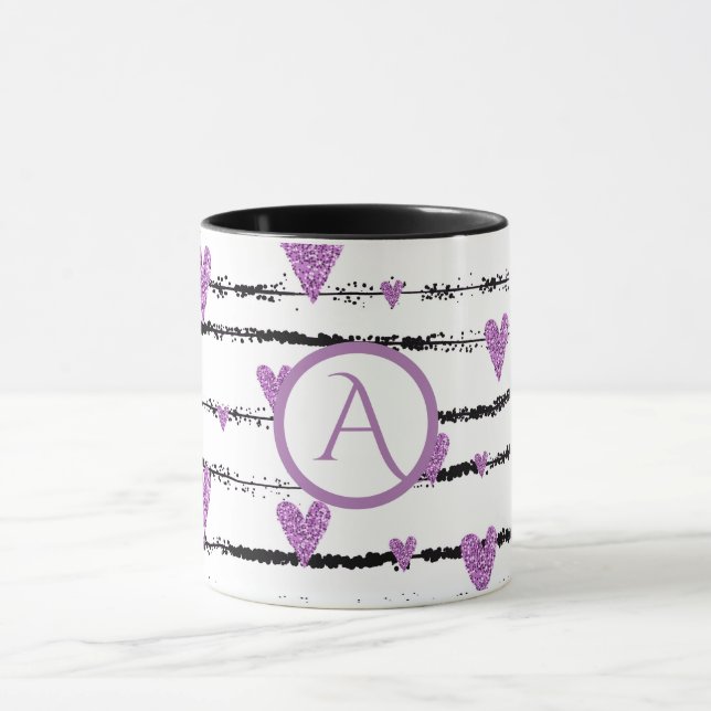 Purple hearts white black stripes monogram mug (Center)
