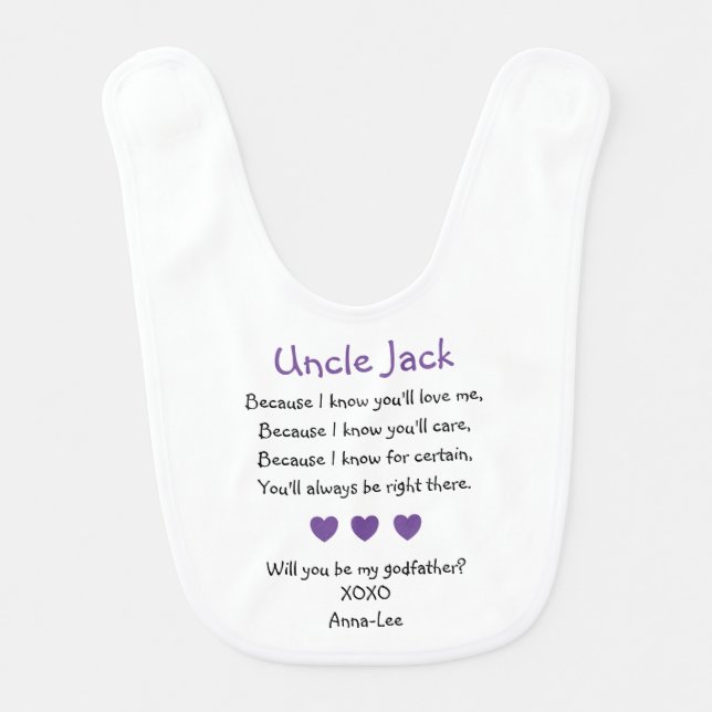 Purple Hearts Will You Be My Godfather Proposal Baby Bib (Front)