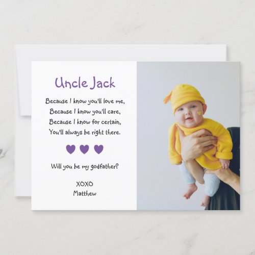 Purple Hearts Will You Be My Godfather With Photo Invitation