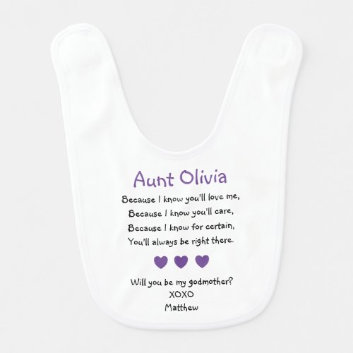 Purple Hearts Will You Be My Godmother Proposal Baby Bib