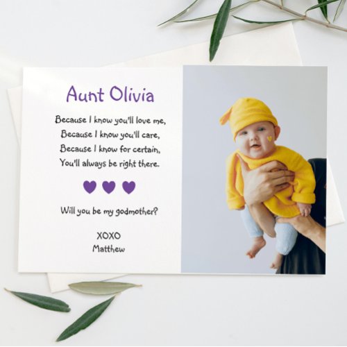 Purple Hearts Will You Be My Godmother With Photo Invitation