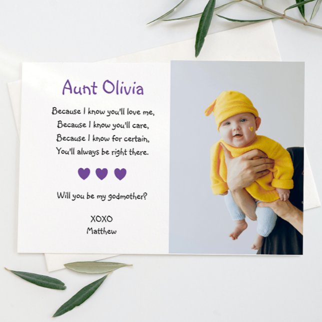 Purple Hearts Will You Be My Godmother With Photo Invitation (Creator Uploaded)