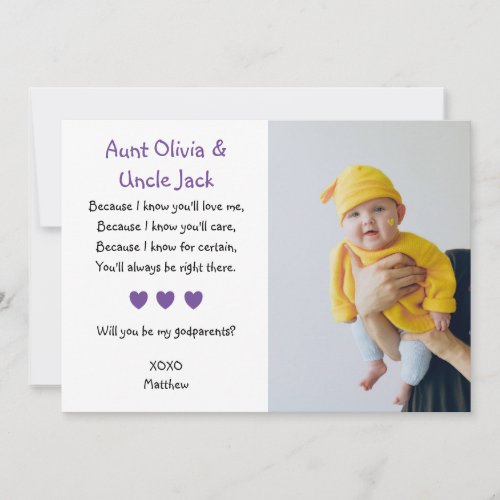 Purple Hearts Will You Be My Godparents with Photo Invitation