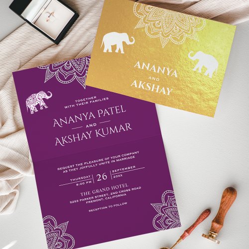 Purple Henna Elephant Indian Wedding Gold Foil Card