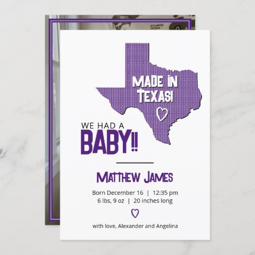 Purple Herringbone Made in Texas Photo Baby Announcement