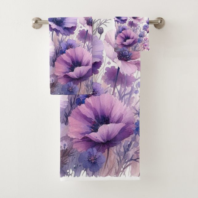 Purple Hibiscus Floral Watercolor  Bath Towel Set (Insitu)