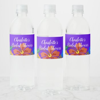 Purple Hibiscus Flowers Bridal Shower Water Bottle Label by sandpiperWedding at Zazzle