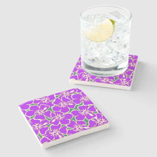 Purple Hibiscus Flowers Tropical Hawaiian Luau Stone Coaster