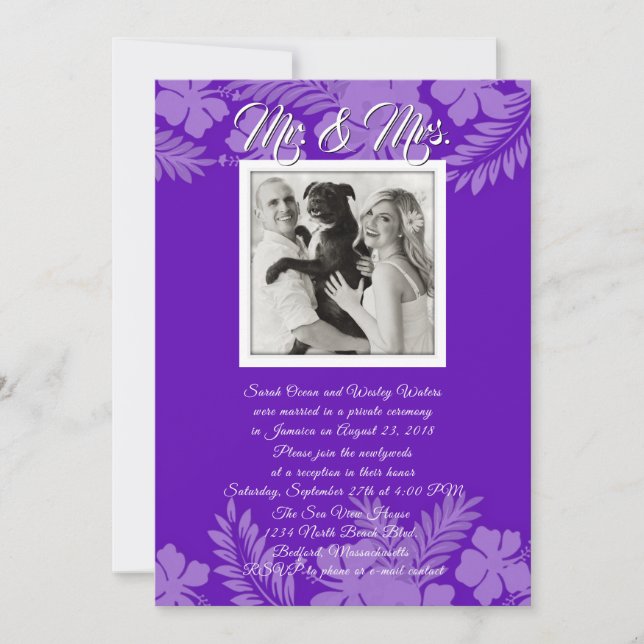 Purple Hibiscus Leaves Photo Reception Only Invitation (Front)