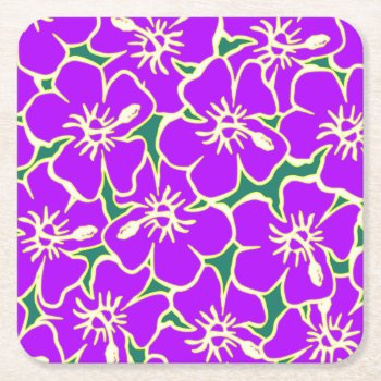 Purple Hibiscus Tropical Flowers Hawaiian Luau Square Paper Coaster by macdesigns2 at Zazzle