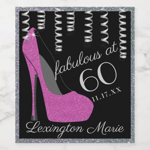 Purple High Heel 60th Birthday Party Sparkling Win Wine Label