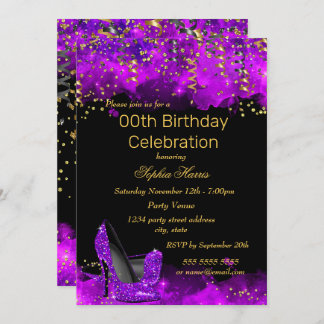 Purple High Heel Gold Black glitter Birthday party Invitation