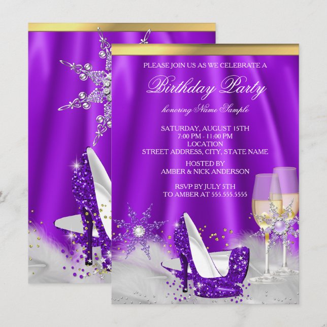 Purple High Heel Gold Champagne Snowflakes Party Invitation (Front/Back)