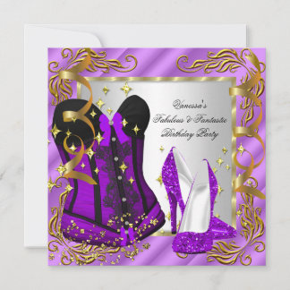 Purple High Heel Gold Silver Corset Birthday Party Invitation