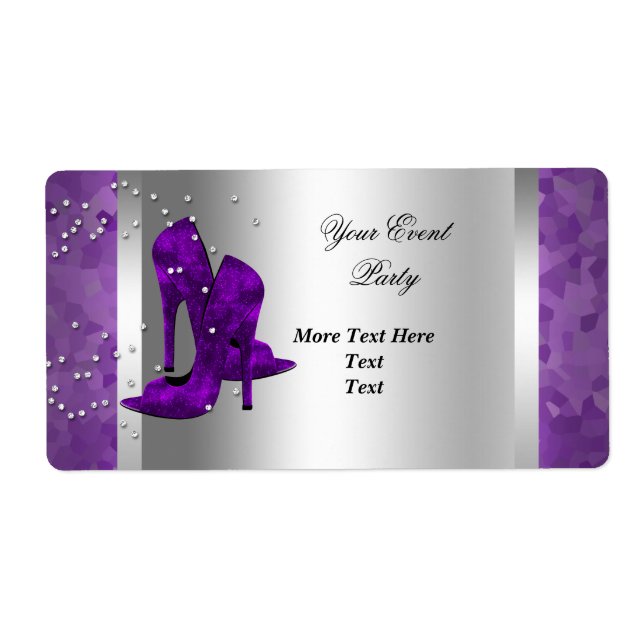 Purple High Heel Shoes Silver Event Party Label (Front)