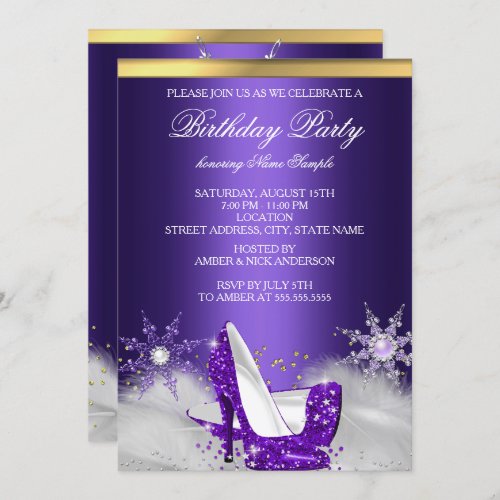 Purple High Heel Shoes Silver Gold Birthday Party Invitation