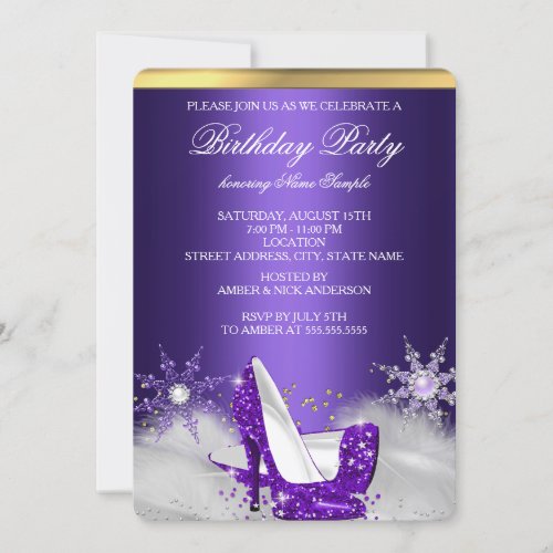 Purple High Heel Shoes Silver Gold Birthday Party Invitation