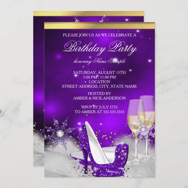 Purple High Heel Shoes Silver Gold Champagne Party Invitation (Front/Back)