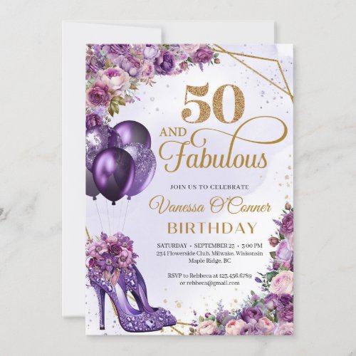 Purple high heels and Pink flowers and balloons Invitation