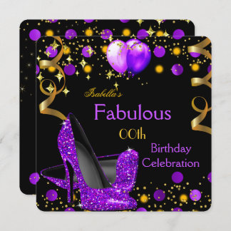 Purple High Heels Gold Balloons Birthday Party Invitation