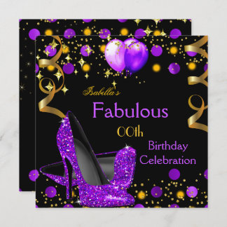 Purple High Heels Gold Balloons Birthday Party Invitation