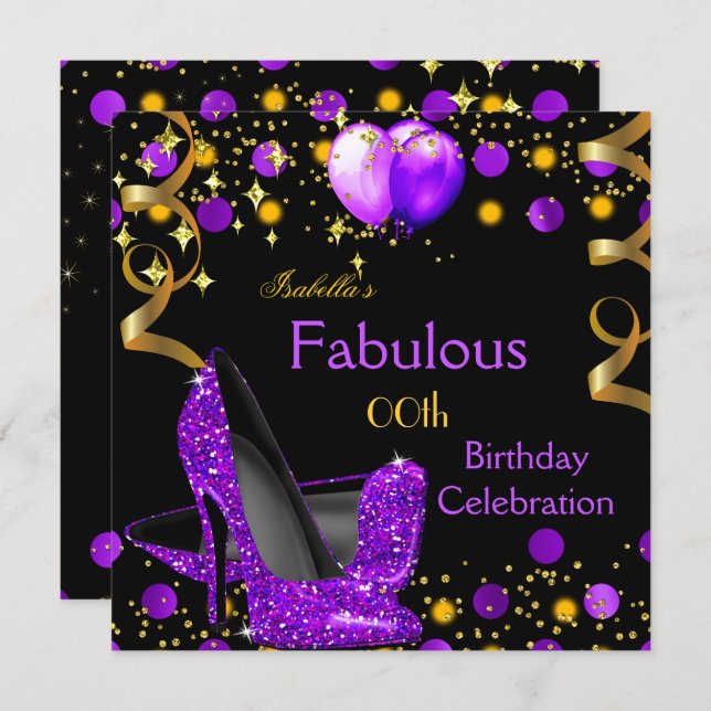 Purple High Heels Gold Balloons Birthday Party Invitation (Front/Back)