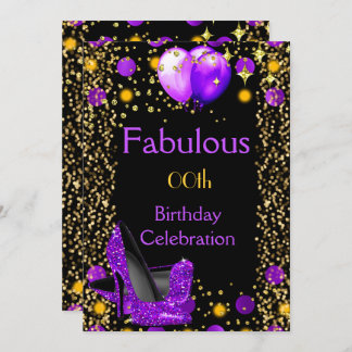 Purple High Heels Gold Balloons Birthday Party Invitation