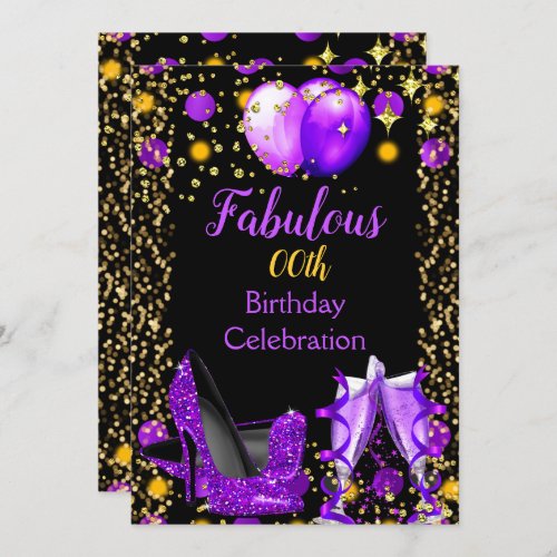 Purple High Heels Gold Balloons Champagne Party Invitation