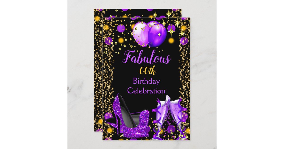Purple High Heels Gold Balloons Champagne Party Invitation | Zazzle