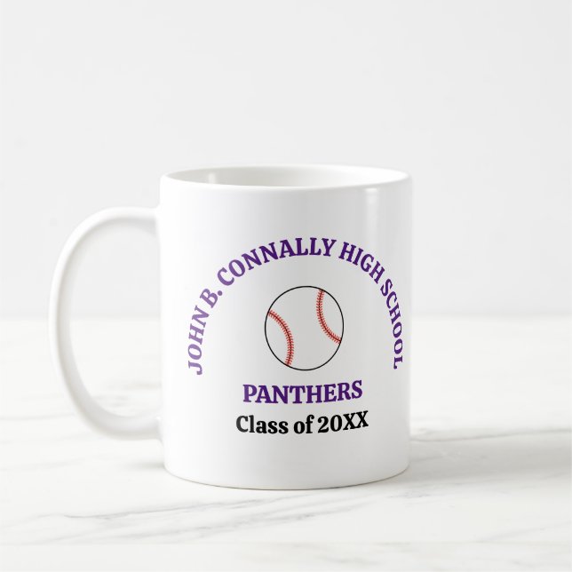 Purple High School Baseball Player Personalized Coffee Mug (Left)