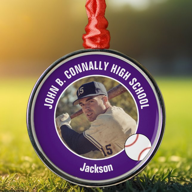 Purple High School Baseball Player Photo Christmas Metal Ornament (Creator Uploaded)