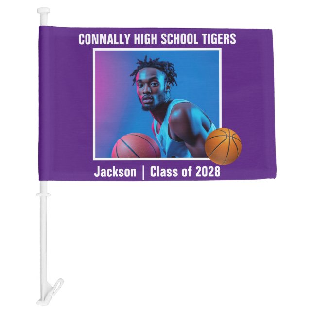 Purple High School Basketball Player Photo Car Flag (Front)