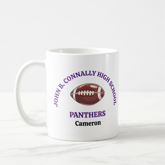 Purple High School Football Player Personalized Coffee Mug (Left)
