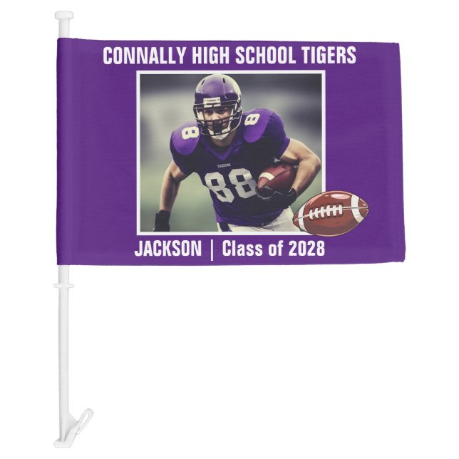 Purple High School Football Player Photo Car Flag (Front)