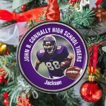 Purple High School Football Player Photo Christmas Metal Ornament<br><div class="desc">This cool customized high school football player photo Christmas ornament in purple features white typography of your team and player name. Personalize with your athlete name next to the ball.</div>