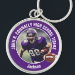 Purple High School Football Player Photo Keychain<br><div class="desc">This cool customized purple high school football player photo keychain features white typography of your team and player name. Personalize with your athlete name next to the ball.</div>
