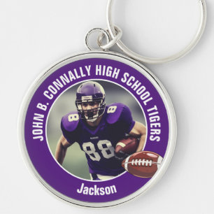 Purple High School Football Player Photo Keychain